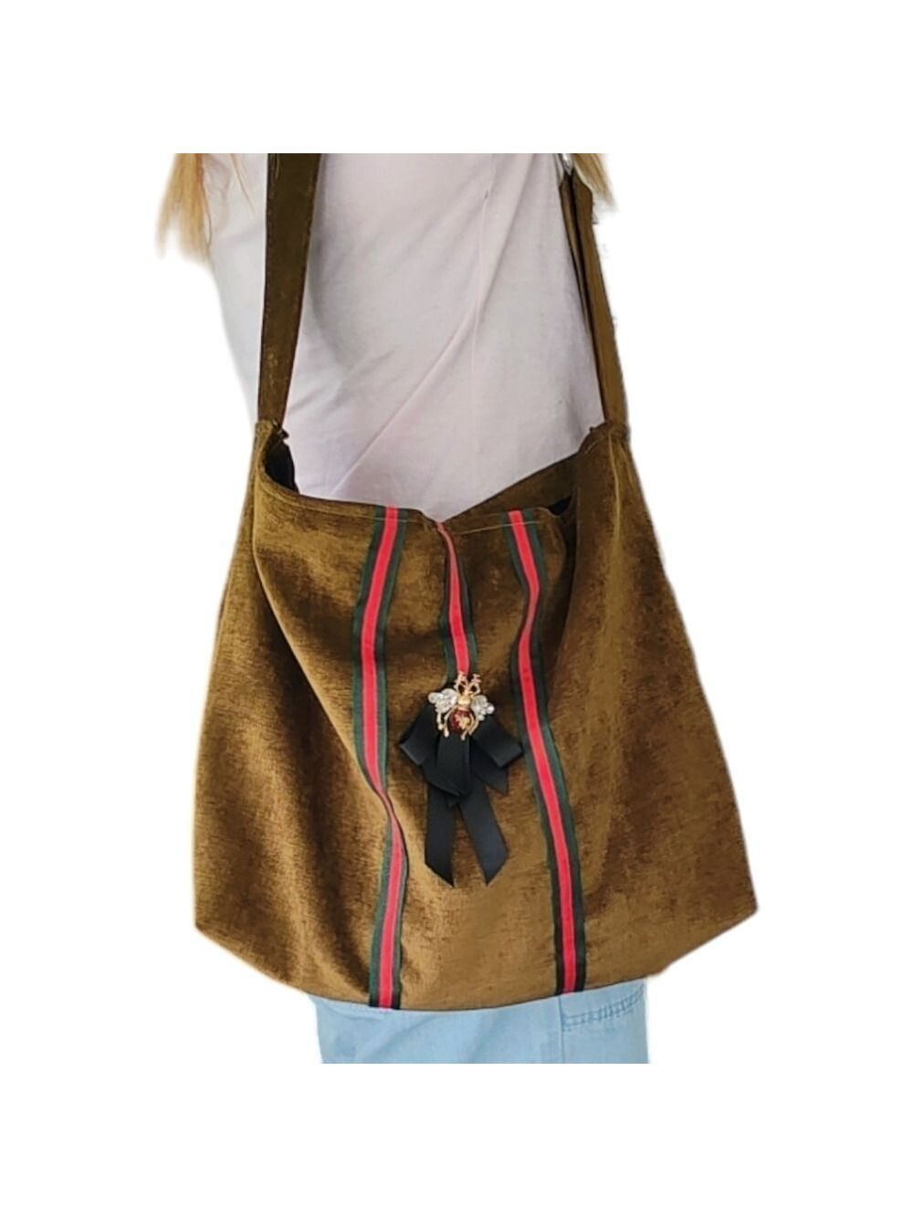 HANDMADE Upcycled Green Velvety Velour Tote Hobo Bag